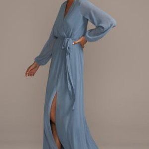 David's Bridal Long Sleeve Chiffon Faux-Wrap Bridesmaid dress in Slate Blue